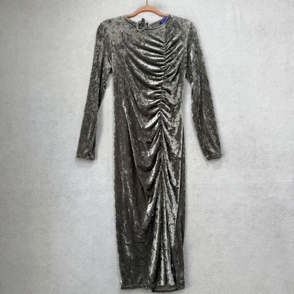 Kahlana Barfield Brown Dress Womens Medium Gray Velvet Long Sleeve Ruched Midi